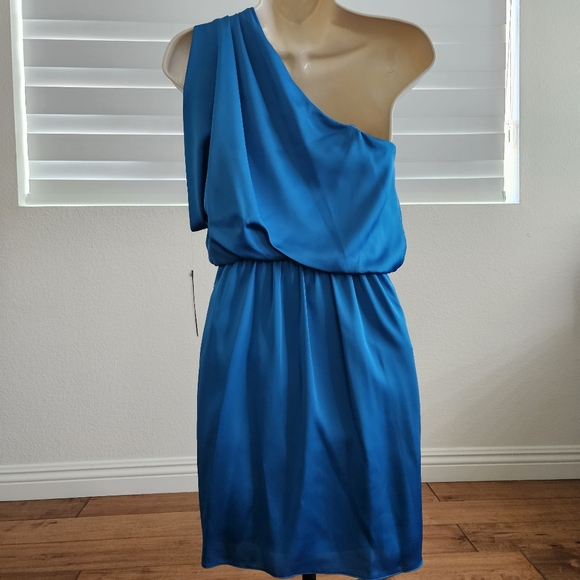 Aqua Blue Satin One Shoulder Dress - Picture 2 of 10
